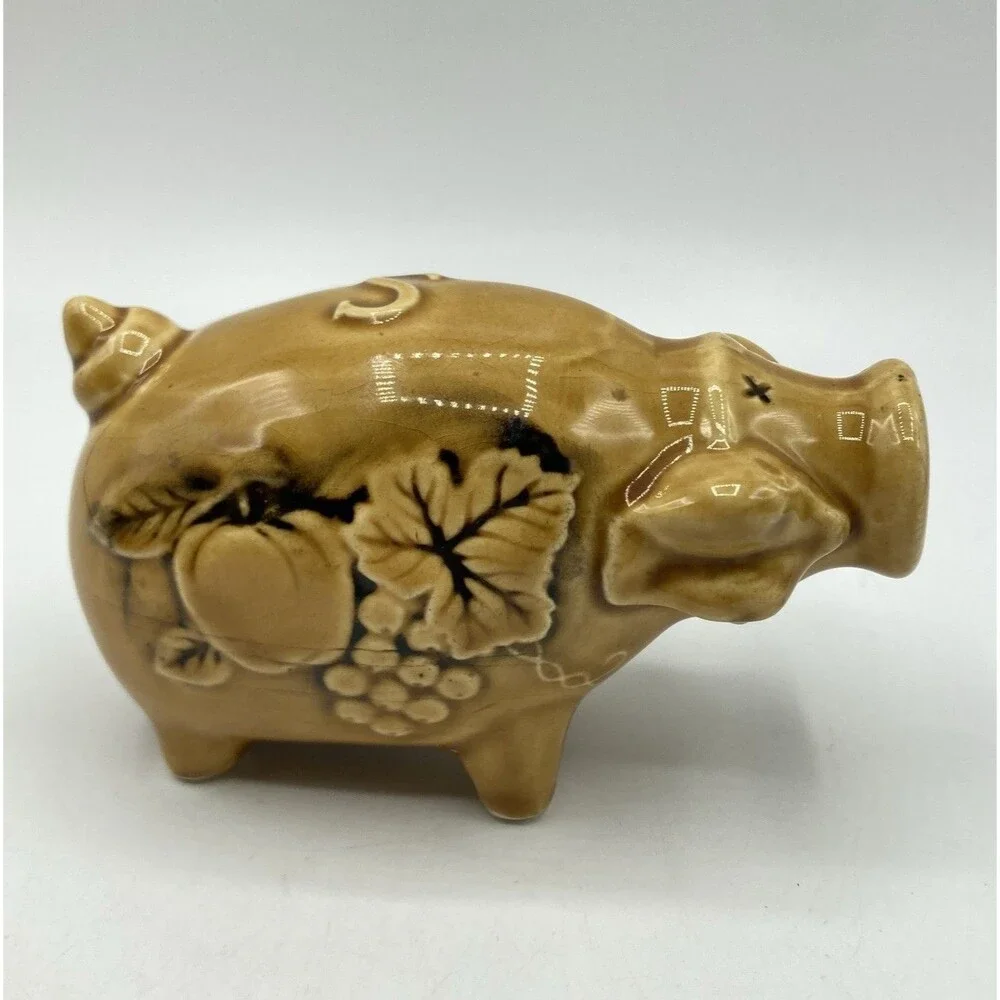 Vintage Enesco Japan Pig Salt & Pepper Shakers Harvest Gold Apple Grapes Ceramic